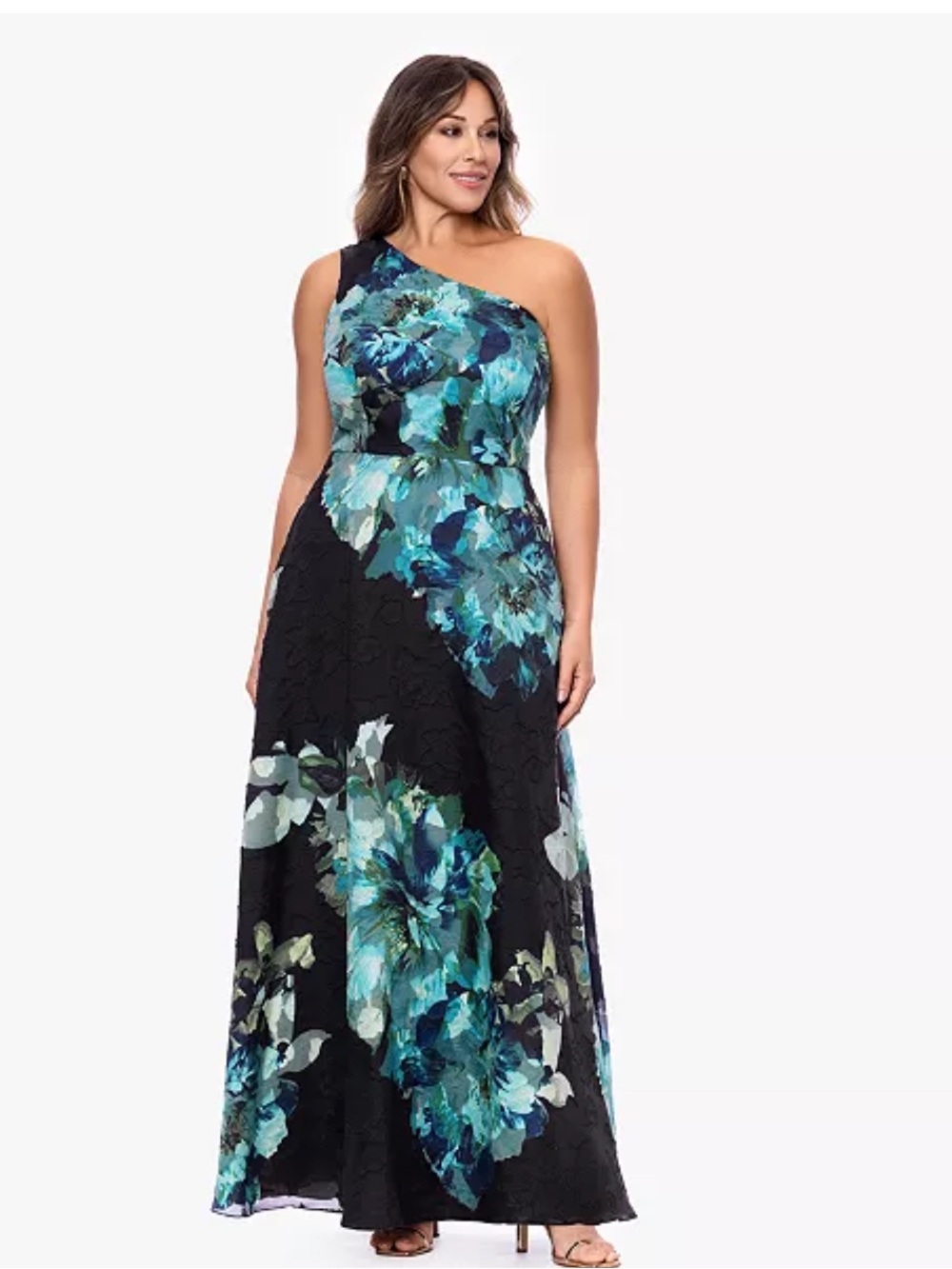 Betsy & Adam One-Shoulder Black and Teal Floral Gown